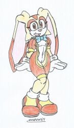 1girls beige_body beige_fur big_hips bodysuit cream_the_rabbit cub exposed_breasts exposed_pussy exposed_torso gloves little_girl looking_at_viewer marlon64 modified_costume orange_eyes orange_fur rabbit_girl ribbon smiling_at_viewer sonic_(series) tenis_shoes traditional_drawing_(artwork) white_background white_fur