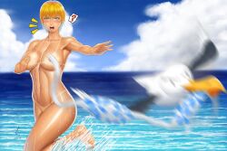 assisted_exposure beach blush blush breasts covering covering_breasts embarrassed embarrassed_nude_female enf ero-chong female naked naked_female seagull tan tanline