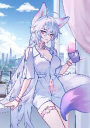 1girls animal_ears aphrodisiac arm_support armband bare_arms bare_midriff bare_shoulders bare_thighs bell bell_collar braid breasts city_background cityscape cleavage collar collarbone cup day female female_only fox_ears fox_girl fox_tail grey_hair hair_between_eyes heart heart_in_eye horny indoors kemonomimi kirby_d_a leg_belt liquid long_hair looking_at_viewer medium_breasts midriff monster_girl nail_polish navel original pixel_art plant pubic_tattoo purple_eyes purple_nails shirt short_sleeves shoulders sitting slit_pupils smile spilled_drink tail tattoo thighs very_long_hair white_hair