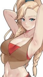 1girls armpit_crease armpits arms_behind_head big_breasts blonde_hair blue_eyes breasts busty curvaceous curvy curvy_body curvy_female curvy_figure damobelmont female gemma_(monster_hunter_wilds) hands_behind_head huge_breasts monster_hunter_wilds ponytail smiling voluptuous white_background