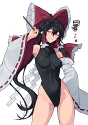 absurdres bare_shoulders black_hair black_leotard breasts closed_eyes covered_navel cowboy_shot curvy detached_sleeves double-parted_bangs female hair_between_eyes hakurei_reimu highleg highleg_leotard highres himadera leotard long_hair nontraditional_miko red_ribbon reimu_hakurei ribbon shirt simple_background small_breasts solo touhou white_shirt white_sleeves wide_hips wide_sleeves