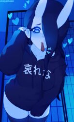 1girls 2024 ahegaokami black_hair blue_eyes blue_skin blush breasts couple demon_girl female female_focus food hair_over_one_eye highres hoodie imminent_kiss indoors long_hair looking_at_viewer monster_girl oni oni_horns original pocky_in_mouth pov spooky_(ahegaokami) thick_thighs thighs