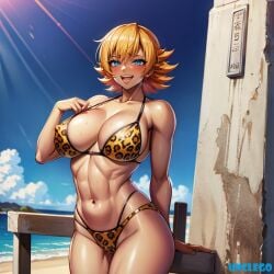 1girls abs ai_generated beach_background big_breasts bikini blonde_hair blue_eyes bodybuilder breasts fit_female huge_breasts igawa_sakura kunoichi leopard_print leopard_print_bikini looking_at_viewer muscular_female ninja orange_hair posing self_upload short_hair smile stable_diffusion standing string_bikini taimanin_(series) taimanin_asagi tan_body unclego