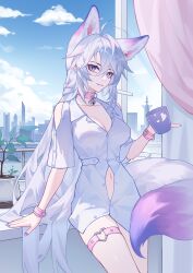 1girls animal_ears arm_support armband bare_arms bare_midriff bare_shoulders bare_thighs bell bell_collar braid breasts city_background cityscape cleavage collar collarbone cup day female female_only fox_ears fox_girl fox_tail grey_hair hair_between_eyes indoors kemonomimi kirby_d_a leg_belt long_hair looking_at_viewer medium_breasts midriff monster_girl nail_polish navel original plant purple_eyes purple_nails shirt short_sleeves shoulders sitting slit_pupils smile tail thighs very_long_hair white_hair