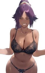 1girls ai-created ai_generated bangs bare_shoulders belly belly_button black_bra black_clothes black_panties black_underwear bleach blush bra breasts clavicle cleavage clothing dark-skinned_female dark_skin female female_only grin high_resolution large_breasts lingerie long_hair looking_at_viewer mole mole_on_breast navel panties pantsu parted_bangs ponytail purple_hair shihouin_yoruichi simple_background smile solo stomach teeth thighs thin_waist tied_hair underwear underwear_only unique_hair white_background wide_hips yellow_eyes