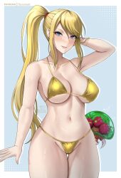 blonde_hair blue_eyes breasts female female_only metroid nintendo ryuuneart samus_aran solo tagme