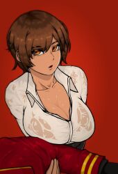 1girls big_breasts brown_hair cleavage clothing dante dark-skinned_female dark_skin limbus_company outis_(limbus_company) project_moon see-through_clothing shirt short_hair sweat wet yellow_eyes