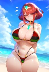 ai_generated artist_request beach big_breasts core_crystal pan_african_flag_bikini pyra red_eyes red_hair short_hair shy submissive thick_thighs xenoblade_(series) xenoblade_chronicles_2