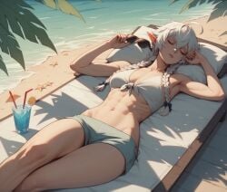 ai_generated alisaie_leveilleur beach female final_fantasy_xiv ponzuaji relaxing sunbathing twin_braids white_hair