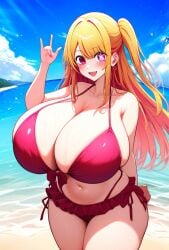 1st_to_die ai_generated alternate_breast_size beach bikini bikini_top blonde_hair blush gigantic_breasts hoshino_ruby huge_breasts light-skinned_female light_skin looking_at_viewer massive_breasts oshi_no_ko pink_eyes shounen_jump+ side_ponytail smiling squatting stable_diffusion thick_female voluptuous voluptuous_female