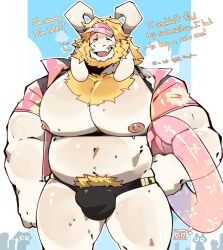 1boy aloha_shirt anthro anthro_only asgore_dreemurr bara beard blonde_hair blonde_hair bulge bulge_through_clothing deltarune dilf english english_text facial_hair fur furry furry_only goat happy horn horns long_ears male male_only muscular muscular_male pecs pubes pubic_hair solo solo_focus solo_male speedo standing swimwear text undertale undertale_(series) white_body white_fur