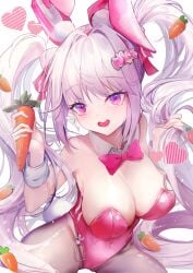 1girls alice_(nikke) alice_(wonderland_bunny)_(nikke) artist_request breasts bunny_ears bunnysuit cleavage female female_only fully_clothed goddess_of_victory:_nikke open_mouth pink_eyes revealing_clothes skimpy_clothes thigh_gap tight_clothing twintails upper_teeth white_background white_hair wide_hips