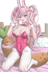 1girls alice_(nikke) alice_(wonderland_bunny)_(nikke) blush breasts bunny_ears bunnysuit cleavage female_only goddess_of_victory:_nikke on_bed open_mouth pink_eyes pink_hair sitting twintails