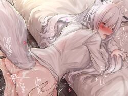 1boy absurdres animal_ears anus bar_censor blush borrowed_character bottomless censored commission cum cum_in_pussy cum_on_ass cum_on_penis doggy_style dress_shirt erection female fox_ears fox_girl fox_tail heart highres jewelry kemonomimi long_hair monster_girl on_bed open_mouth original penis pussy red_eyes ring sex shirt shitsugaikotsu skeb_commission steam sweat tail trembling vaginal_penetration wedding_ring white_hair white_tail