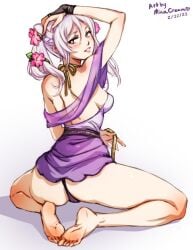 1girls alternate_costume ass back back_view bare_back barefoot big_ass breasts brown_eyes female female_only fire_emblem fire_emblem_awakening fire_emblem_heroes flower hair_flower looking_back medium_hair minacream nintendo official_alternate_costume panties pantyshot pantyshot_(sitting) purple_panties robin_(female)_(valentine)_(fire_emblem) robin_(fire_emblem) robin_(fire_emblem)_(female) small_breasts smile solo spread_legs twintails upskirt white_hair