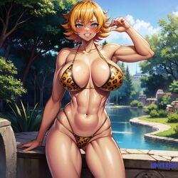 1girls abs ai_generated big_breasts bikini blonde_hair blue_eyes bodybuilder breasts cleavage fit_female garden huge_breasts igawa_sakura kunoichi leopard_print leopard_print_bikini looking_at_viewer muscles muscular_female orange_hair outdoors posing self_upload short_hair smile stable_diffusion standing string_bikini taimanin_(series) taimanin_asagi tan_body unclego