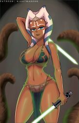 1girls ahsoka_tano big_breasts blue_eyes breasts cleavage clothed clothing curvy female_focus female_only imminent_sex lingerie looking_at_viewer navel nightmare_hdraw pose revealing_clothes simple_background slave_ahsoka slave_bikini slave_leia_(cosplay) smile solo standing star_wars the_clone_wars:_season_four togruta watermark wide_hips