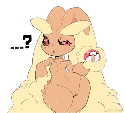 amailemon anthro big_ears black_sclera blonde_hair brown_body female fluffy_ears generation_4_pokemon genitals hair hi_res lagomorph lopunny mammal nintendo nude pinup pokeball pokemon pokemon_(species) pose pussy red_eyes simple_background solo thick_thighs