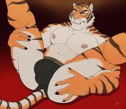 2024 abs anthro areola ass barazoku biceps big_bulge big_muscles bulge claws clothed clothing epic_games eyebrows felid fortnite fur hand_on_butt hand_on_leg hand_on_thigh legs_up lying male male_only mammal muscular muscular_anthro muscular_male navel nipples on_back oscar_(fortnite) pantherine pecs red_background scar signature simple_background solo spread_legs spreading teeth thick_thighs tiger topless topless_anthro topless_male tuft underwear underwear_only versace whiskers wolfybuns