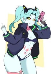 big_ass big_breasts big_butt big_thighs curvaceous curvaceous_female curvaceous_figure curvy curvy_figure curvy_hips cyan_hair cyberpunk:_edgerunners cyberpunk_2077 female female_focus grey_skin momocka_art rebecca_(edgerunners) short_hair tattoo