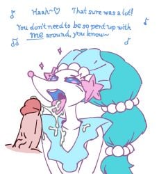 1boy 1girls 1human 1pokemon blue_eyes blue_hair cum cum_on_face cumshot cumshot_in_mouth english_text female furry heartear18 male male_human/female_pokemon musical_note on_model pink_nose pokémon_(species) pokemon pokemon_(species) pokephilia primarina seal singing tongue