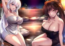 2girls akeyama_kitsune azur_lane breasts brown_hair light-skinned_female light_skin night onsen ponytail sakura_empire_(azur_lane) shoukaku_(azur_lane) sisters thighs towel water white_hair zuikaku_(azur_lane)