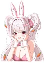 1girls alice_(nikke) alice_(wonderland_bunny)_(nikke) breasts bunny_ears bunnysuit cleavage female_only goddess_of_victory:_nikke open_mouth pink_eyes twintails upper_body upper_teeth white_background white_hair