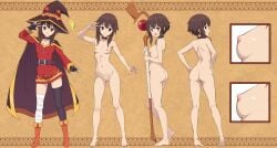 ass bandage belt black_stockings blush boots breast_focus breasts character_sheet chocker completely_nude eyebrows_visible_through_hair fingerless_gloves kono_subarashii_sekai_ni_shukufuku_wo! legs looking_back mantle medium_hair megumin nanikairu navel nipples on/off open_mouth peace_sign pussy red_dress red_eyes reference_image shaved_pussy short_dress side_view simple_background smile witch_hat witch_staff