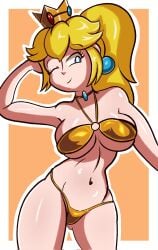 1girls arm_behind_head armpits big_breasts bikini blonde_hair blue_eyes breasts busty child_bearing_hips cleavage confident curvy female female_only gold_bikini golden_bikini hi_res large_breasts legs looking_at_viewer mario_(series) navel nintendo one_eye_closed ponytail pose posing princess_peach robveemo sensual solo swimsuit thick_thighs thighs wink