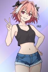 1girls armpits astolfo_(fate) black_hair_ribbon black_topwear breasts casn collarbone commission crop_top cropped_shirt denim_shorts fate/grand_order fate_(series) female genderswap_(mtf) hand_on_hip jean_shorts looking_at_viewer multicolored_hair navel peace_sign pink_hair rule_63 self_upload signature simple_background simple_coloring simple_eyes simple_shading sketch small_boobs small_breasts smile smiling smiling_at_viewer solo solo_female solo_focus white_hair_stripe