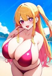 1st_to_die ai_generated alternate_breast_size beach bikini bikini_top blonde_hair blush gigantic_breasts hoshino_ruby huge_breasts light-skinned_female light_skin looking_at_viewer massive_breasts oshi_no_ko pink_eyes shounen_jump+ side_ponytail smiling squatting stable_diffusion thick_female voluptuous voluptuous_female