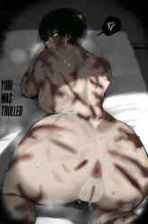 angry anus ass bare_back black_hair burn_scar colorized glasses hi_res highres huge_ass jujutsu_kaisen masoq naked nude on_bed pussy_juice scar solo third-party_edit third-party_source yellow_eyes yuriwastrolled zenin_maki