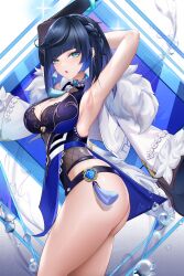 1girls arched_back armpits arms_up ass bangs bare_legs big_breasts blue_hair blush bodysuit boob_window braid braided_hair breasts cleavage detailed_background dice earrings female fur genshin_impact green_eyes huge_breasts large_breasts liao_(artist) liu_liaoliao looking_at_viewer mole mole_on_breast mouth_open open_mouth see-through shiny_skin short_hair solo tassel thick thick_ass thick_thighs thighs tight_clothing vision_(genshin_impact) yelan_(genshin_impact)