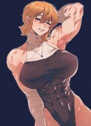 absurdres armpits bandaged_arm bandages bell_(spoiledmuffin) breasts closed_eyes covered_abs cross cross_necklace female hair_between_eyes highres jewelry large_breasts leotard muscular muscular_female necklace original short_hair smile solo spoiledmuffin teeth