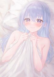 1girls bed_sheet blanket blue_hair blush breasts collarbone gameso highres holding holding_blanket idolmaster idolmaster_shiny_colors implied_nudity large_breasts long_hair looking_at_viewer lying nude on_back pillow purple_eyes smile solo straight_hair suzuki_hana under_covers upper_body very_long_hair