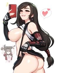 aerith_gainsborough black_hair blushypixy blushyspicy breasts breasts_out cellphone final_fantasy final_fantasy_vii functionally_nude functionally_nude_female holding_chair long_hair mobile_phone nipples no_panties selfie skirt_lift suspenders teasing tifa_lockhart