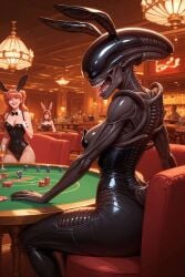 3girls ai_generated alien alien_girl bunny_ears bunny_girl bunnysuit casino casino_card_table female_xenomorph tagme xenomorph