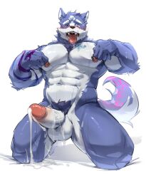 abs anthro anthro_only biceps blush bodily_fluids canid canine canis cum cum_string domestic_dog ejaculation erection fluffels19 genital_fluids genitals half-closed_eyes humanoid_genitalia humanoid_penis kneeling leaking_cum looking_pleasured male male_only mammal muscular narrowed_eyes nipple_fetish nipple_piercing nipple_play nipple_ring nipple_ring_pull nipples pecs penis piercing ring_piercing simple_background solo tongue tongue_out vein veiny_penis