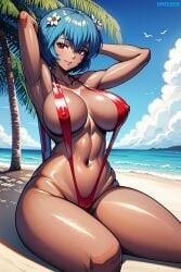 1girls abs ai_generated arm_behind_head armpits beach beach_background big_breasts bikini blue_hair bobcut breasts cleavage dark-skinned_female dark_skin flower_in_hair looking_at_viewer neon_genesis_evangelion palm_tree posing red_bikini red_eyes rei_ayanami self_upload short_hair sitting sling_bikini slingshot_swimsuit stable_diffusion tan_body tanned_female tanned_skin teenager unclego