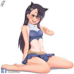 1girls black_hair blush breasts brown_eyes cat_ears cat_tail catgirl cheerleader cheerleader_outfit cheerleader_uniform clothed clothing earrings female_focus female_only hayase_nagatoro hi_res long_hair looking_at_viewer navel nekomimi open_mouth please_don't_bully_me,_nagatoro pose revealing_clothes simple_background sitting small_breasts smile solo tan tan-skinned_female tanline tanned tokisan watermark wink