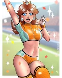 1girls arm_up blue_eyes blurry_background bra brown_hair crown dangerousbride earrings female female_only gloves jpeg long_hair looking_at_viewer mario_(series) mario_strikers nintendo open_mouth orange_clothing orange_shorts orange_thighhighs princess_daisy smiling smiling_at_viewer soccer_uniform solo sparkles sportswear stadium sweat thighhighs very_high_resolution