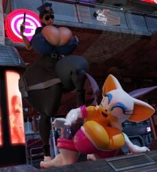 3d bat bat_wings city cop enormous_thighs girl gloves green_eyes gun handgun heels hourglass_figure huge_breasts huge_thighs jasmine_juggs massive_breasts police_uniform policewoman rouge_the_bat shocking_(artist) thick_thighs white_fur wings