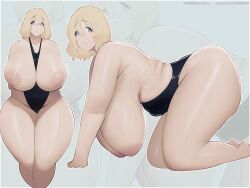 1girls bending_over blonde_hair gray_eyes huge_breasts inverted_nipples looking_at_viewer mmmmmkun mole mole_on_breast mole_on_thigh mole_under_mouth nude original short_hair smile solo standing thick_thighs venus_body