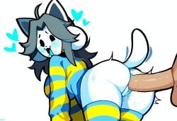 1boy 1girls ai_generated anthro bent_over evilwicked female furry large_ass large_breasts lustful_gaze male penis sex sweater tail tailwag temmie_(undertale) thighhighs undertale