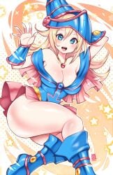 1girls aqua_eyes arm_behind_head blonde_hair cheek_spots cleavage clothing dark_magician_girl female female_only greeting hi_res kenron_toqueen konami long_hair looking_at_viewer smiling smiling_at_viewer solo solo_female thick_thighs yu-gi-oh!