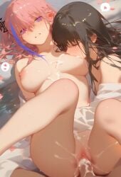 2girls ahoge_rua ai_generated assisted_sex breast_sucking brown_hair cum cum_between_breasts cum_in_pussy cum_inside cum_on_breasts girls'_frontline m4a1_(girls'_frontline) missionary_position penis_in_pussy pink_hair purple_eyes st_ar-15_(girls'_frontline) uncensored vaginal_penetration yellow_eyes