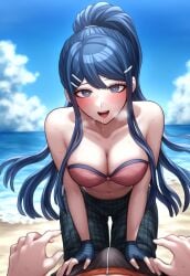 1boy :d ai_generated big_breasts breath bulge cleavage danganronpa danganronpa:_trigger_happy_havoc female fingerless_gloves hands_on_another's_thighs heart-shaped_pupils heart_eyes high_ponytail highres lips long_pants looking_at_viewer maizono_sayaka naegi_makoto nai_diffusion partial_male patterned_clothing pink_bikini pov saliva smirk squatting stable_diffusion sweat