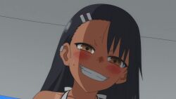 1boy 1girls 2d 774_(nanashi) animated bikini black_hair blush breasts brown_eyes cleavage clothed clothing feet female hayase_nagatoro long_hair looking_at_viewer male mp4 naoto_hachioji_(senpai) navel no_sound please_don't_bully_me,_nagatoro revealing_clothes small_breasts smile spread_legs sweat tan tanline tanned video