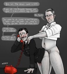 2boys anal_sex bodily_fluids body_hair bored_sex dr_strangelove dubious_consent gay genital_fluids jack_d_ripper lionel_mandrake male/male male_penetrating_male military_uniform penis phone_call reluctant size_difference standing uniform