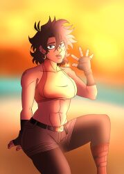 abs blue_eyes brown_hair brown_skin chromexorannex coco_joestar jjba_oc jojo_oc leggings midriff mole muscular_female oc original_character ourobouro short_shorts sports_bra